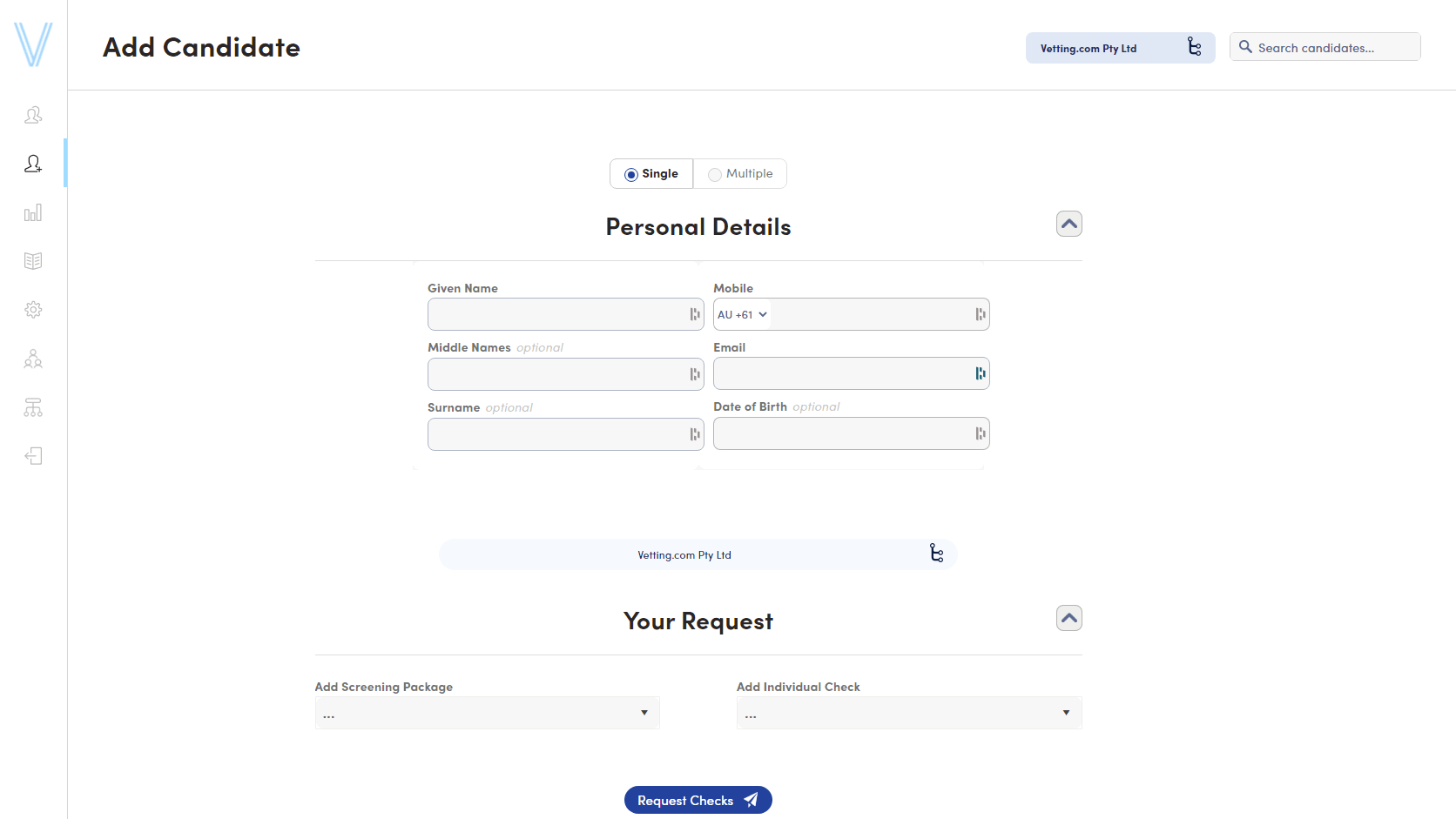 Add one or many candidate's background screening checks