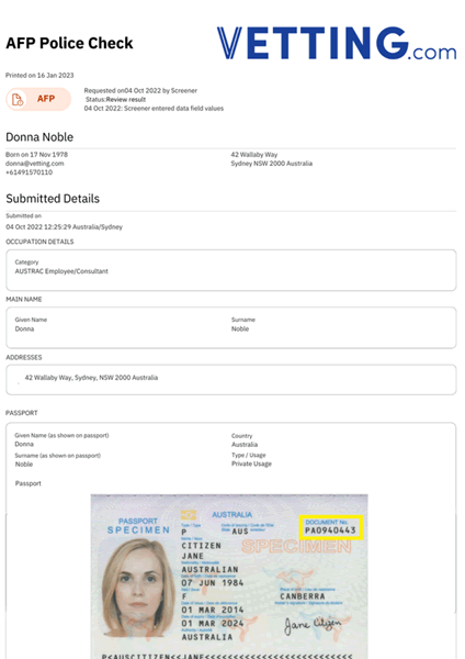 AFP Police Check Sample Report