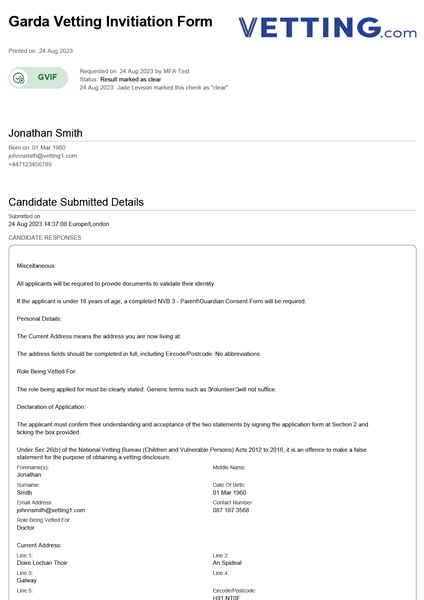 Garda Vetting Sample Report