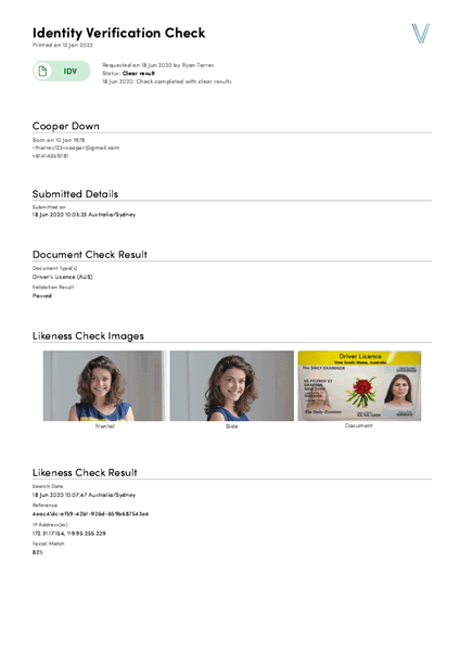 Identity Verification Check Sample Report