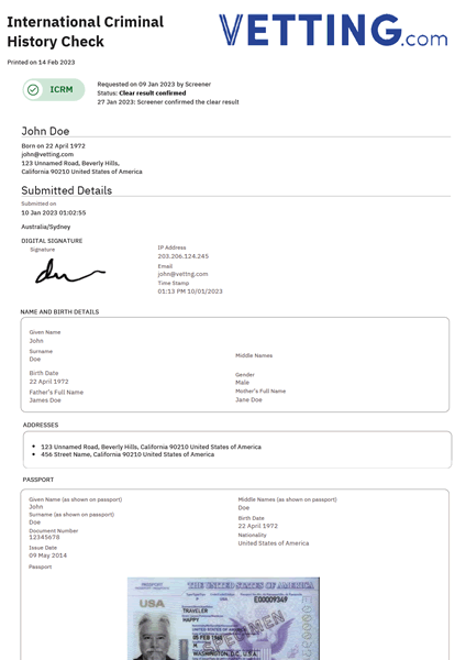 International Check Sample Report