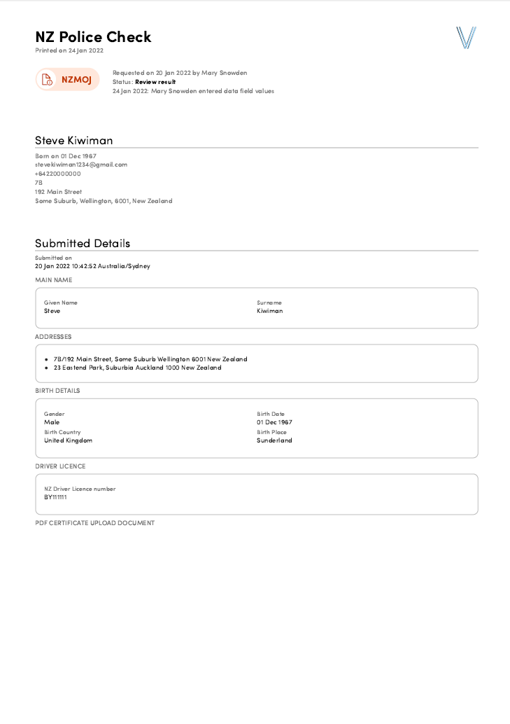 NZ MoJ Criminal History Check Sample Report
