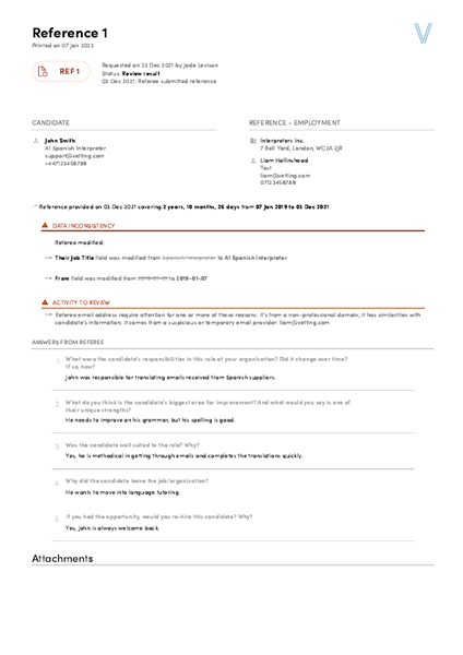 Reference Check Sample Report