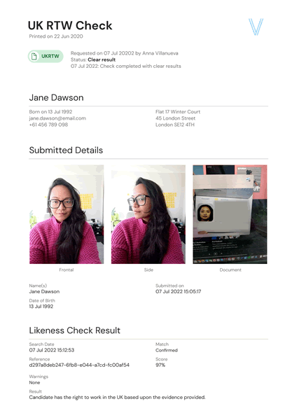 Right to Work Check Sample Report