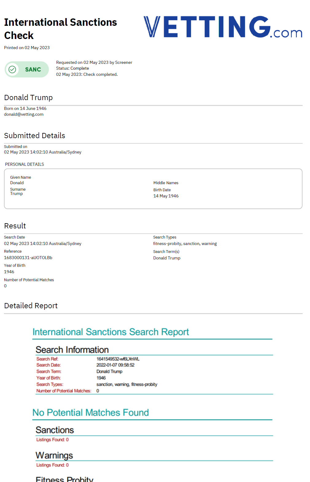 Sanctions Check Sample Report