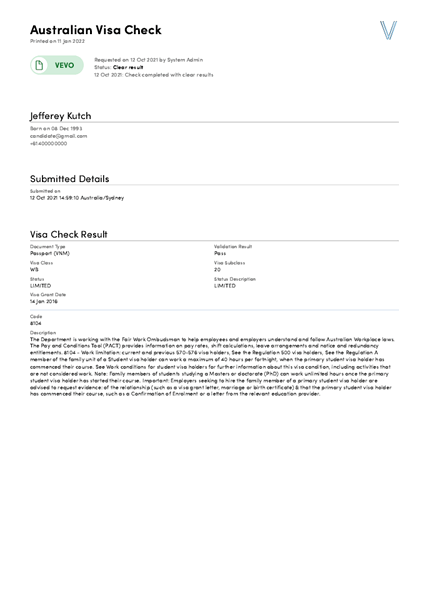 VEVO Check Sample Report