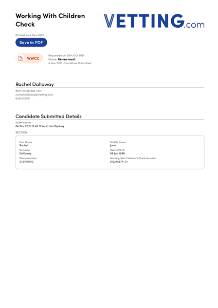 Working with Children Check Sample Report